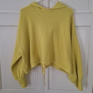 American Eagle yellow hooded cropped waffle print sweater